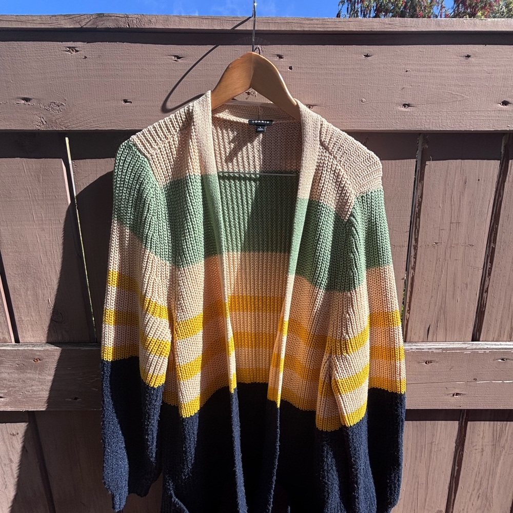 torrid Striped Long Cardigan in Beige, Green, Yellow, Navy & Red - Picture 4 of 9
